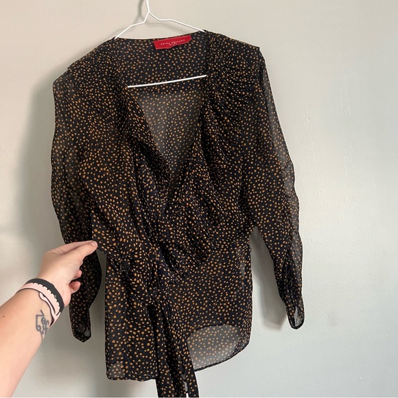 Akira Chicago Red Label Ditsy Spot Print Ruched Wrap Blouse Medium - Picture 3 of 16